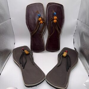 African Handmade 10 Unique Beaded Square Toe Sandals Boho Hippie Summer Lot of 2